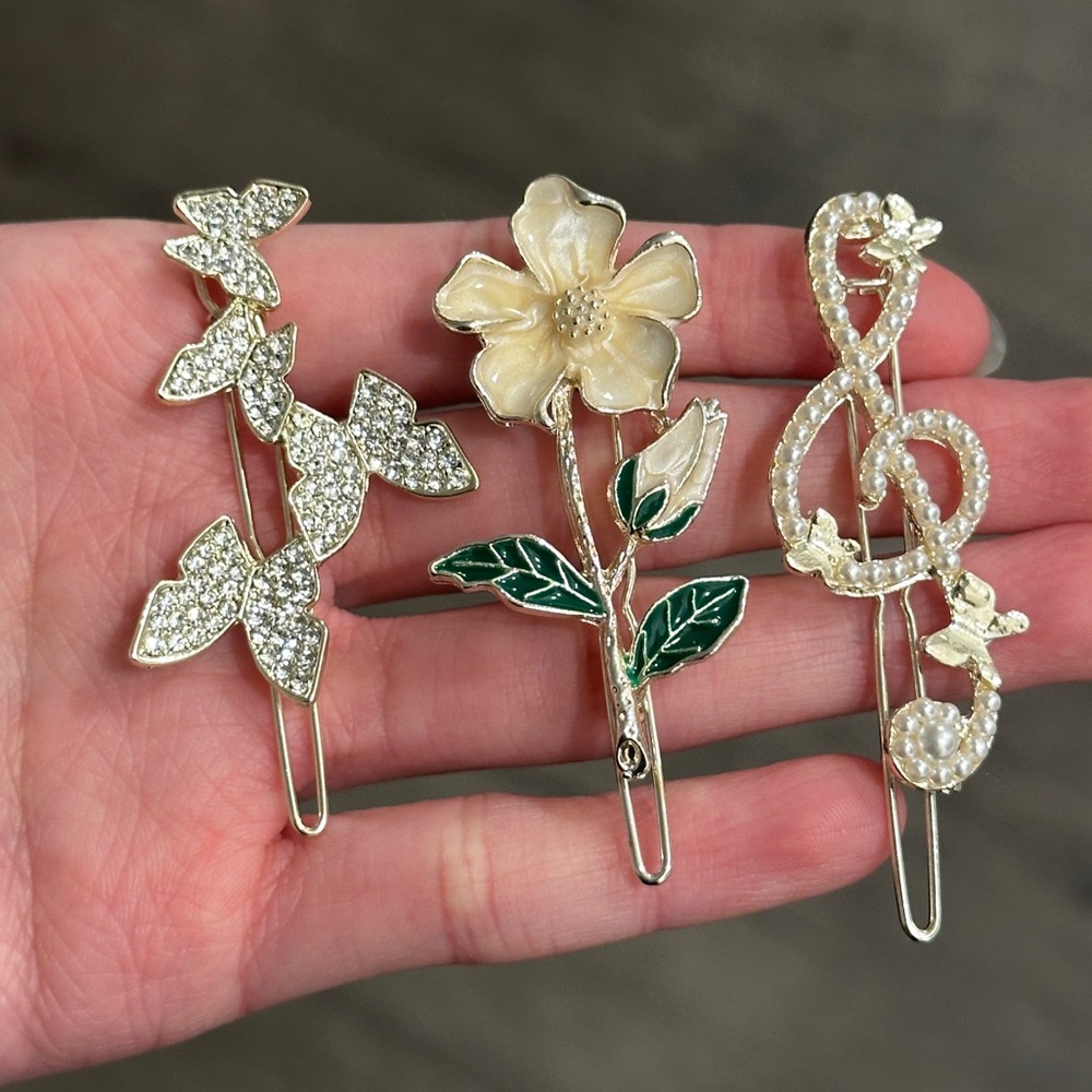 Set of 3 Decorative Gold Tone Hair Pins with Rhinestones and Floral Enamel